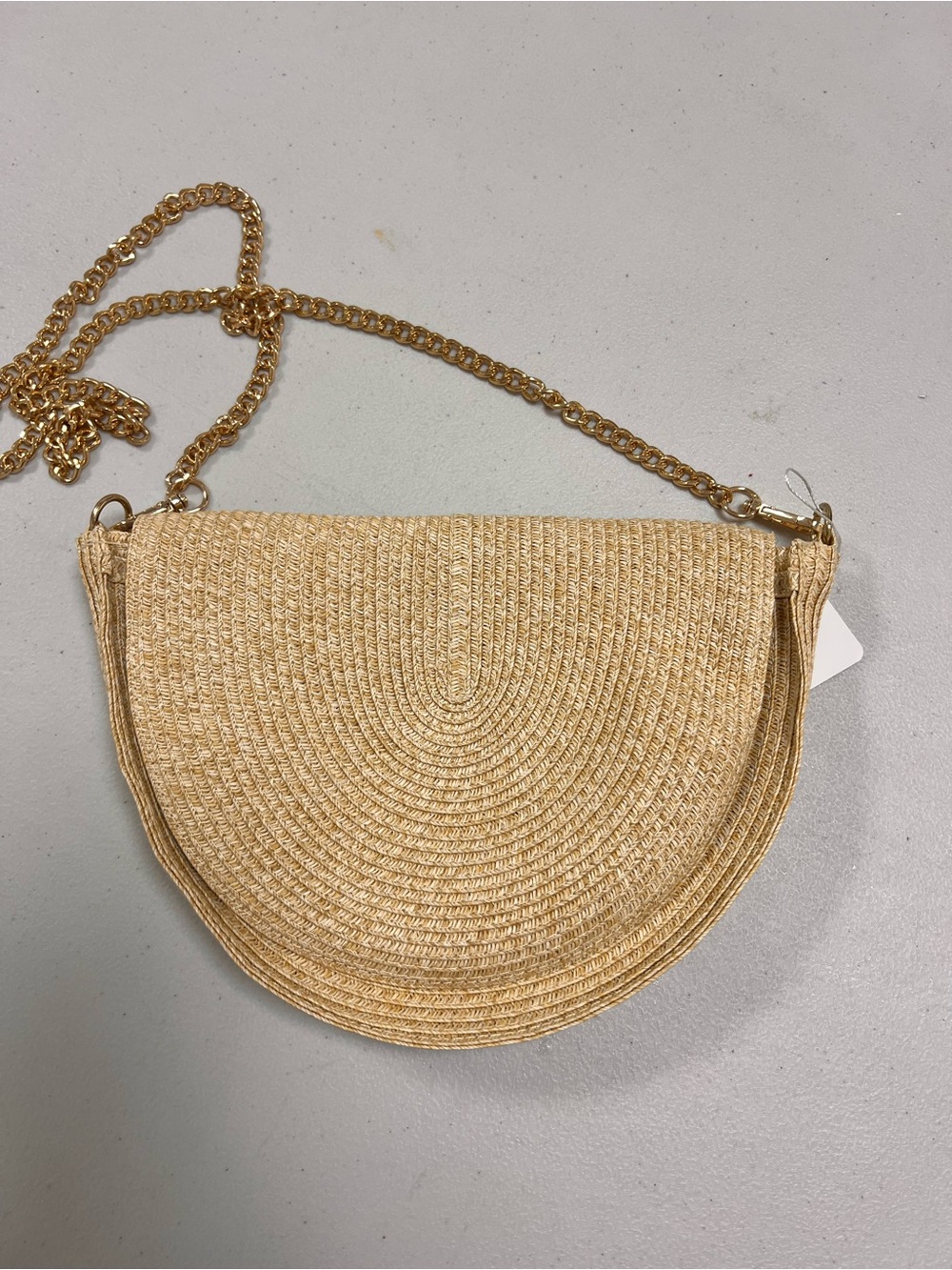 Woven Straw Half-Moon Crossbody Bag with Gold Chain - Natural
